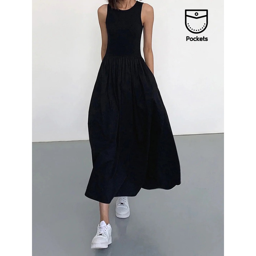 Commense Black Sleeveless Midi Dress with Pockets